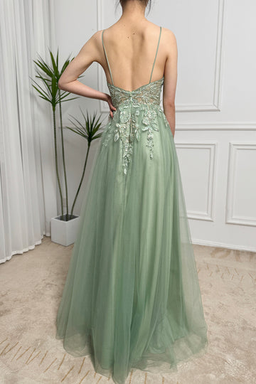 Green A Line Spaghetti Straps Tulle Long Prom Dress With Appliques